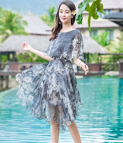 1160.花柄シフォンリゾートワンピース(グレー) 1160.花柄シフォンリゾートワンピース(グレー)