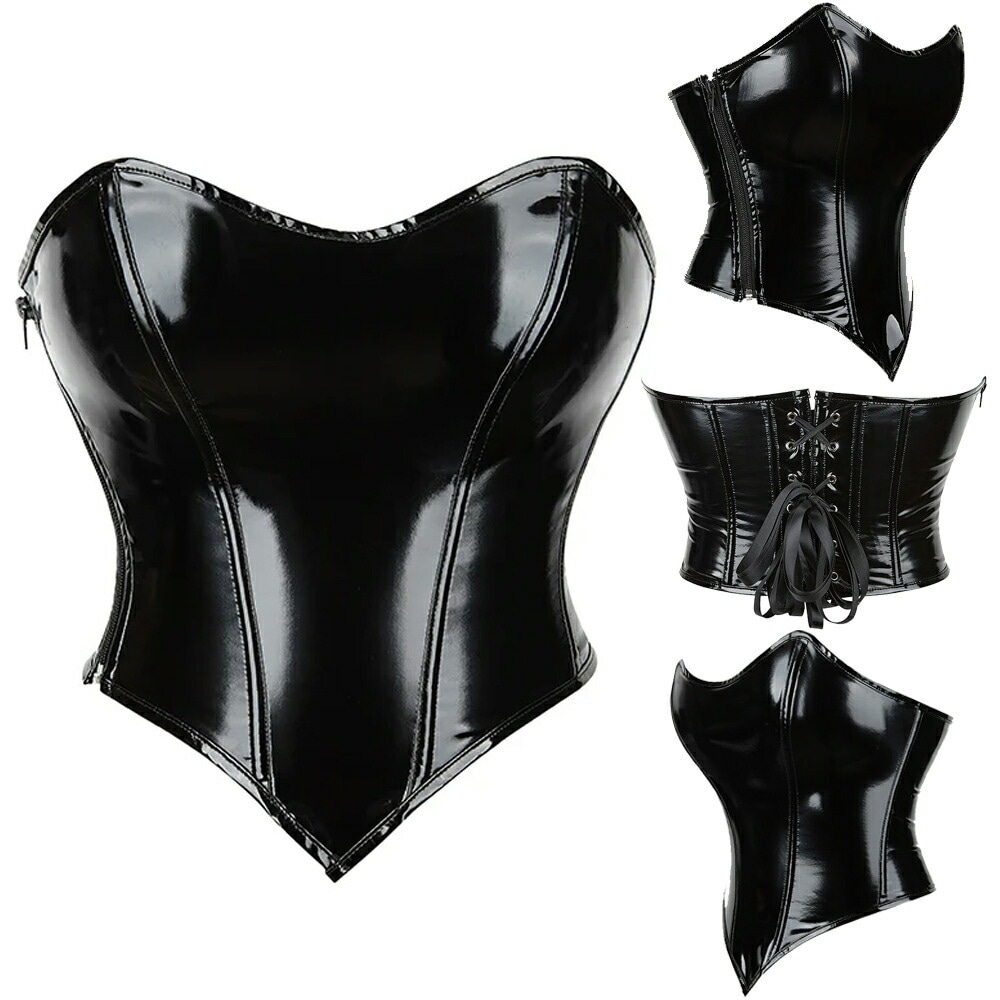 サイドジップアップ エナメル ブラックレザーウエスト コルセット S M L XL 黒色 皮 革 ボディースーツ コスプレ 衣装 仮装 大人 ハロウィン コスチューム q0251xxxxxxxx