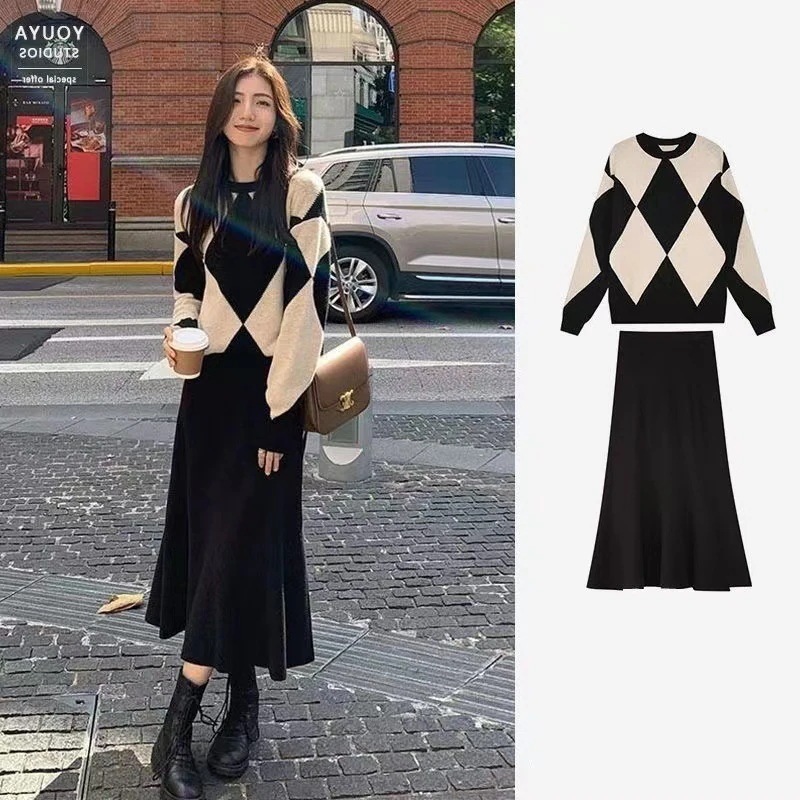 ２点セットコントラストカラーワンピース冬服レディースセットアップ上下二点韓国ファッションニットセータープリーツスカート 母の日