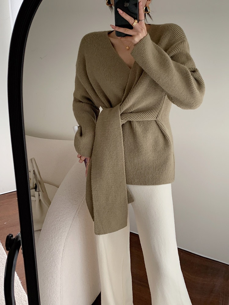 ボトムス シャツ レディース インナー セーター 秋 冬 Vネック ウエスト ニット トップス ジャケット トレンド グリーン ＳＭＬ トップス 袖あり かわいい 大人可愛い きれいめ シンプル