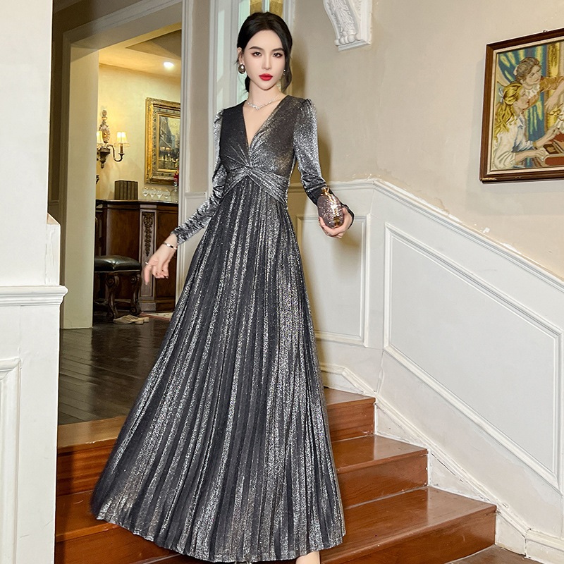 ワンピース ドレス パーティードレス Vネック ロングワンピース 韓国 ワンピース プリーツ ウエスト引き締め セクシー 披露宴 結婚式 演奏会 ウェディング 二次会 発表会 タイトワンピース