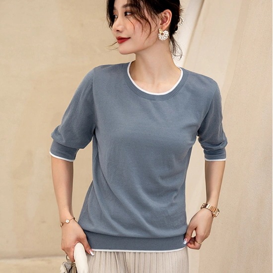 ブラウス レディース バイカラー 5分袖 トップス バイカラーシャツ 大人 かわいい ブラウス 大きいサイズ オフィスカジュアル 大人 シンプル ブラウス レディース バイカラー