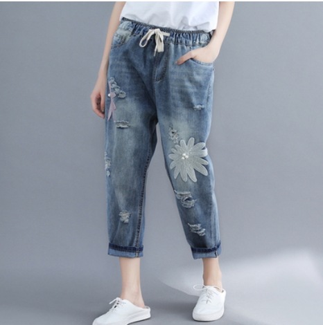 花柄デニム ボトム デニム パンツ ロング丈 花柄 ブルーデニム 爽やか スタイル きれいめ シンプル カジュアル 上品 おしゃれ かっこいい レトロ アジアン 可愛い 女子
