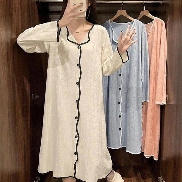 1つ買うと1つ無料ネグリジェウェアワンピースパジャマかわいいI姫前開き白長袖ロング部屋着ウエアおうちコーデレディース寝巻き無地ロング丈可愛い韓国ゆったり入院病院マタニティ産後シンプルリラックスナイ
