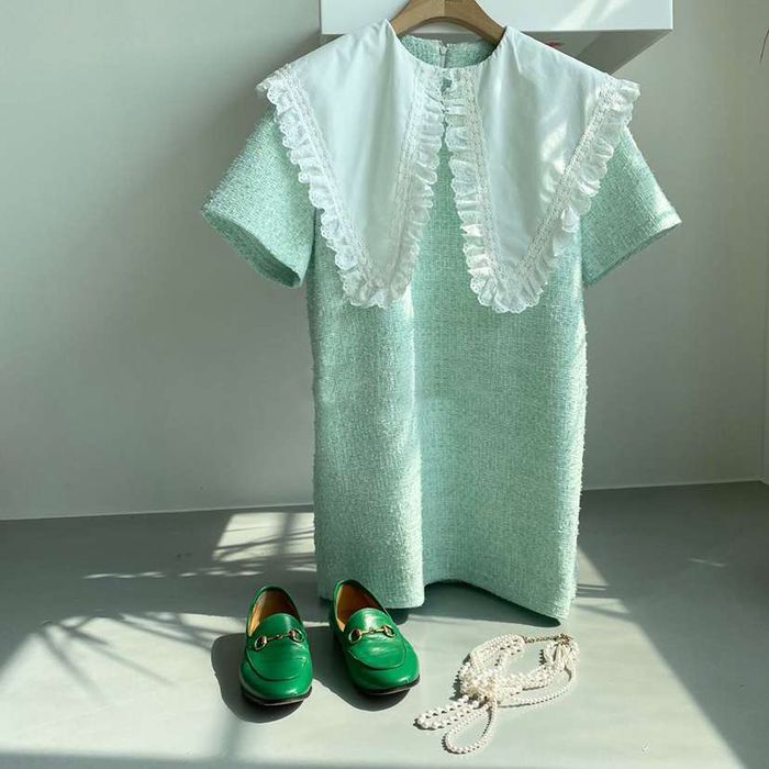 トップス シャツ ブラウス 袖あり 半袖 萌袖 襟付き サマーツイード ヴィンテージ風 ビッグカラー ゴージャス エレガント フレンチ フリル レース ファスナー バックジッパー ゆったり