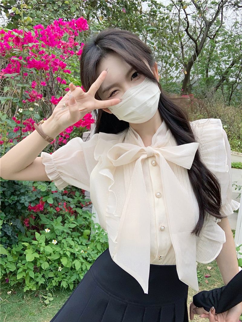 新作Tシャツ 半袖 パフスリーブ ボウバブルスリーブシャツ女性夏の新しいトップス