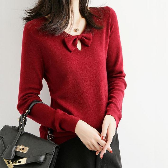 トップス レディース ニットソー セーター プルオーバー ニット 袖あり 長袖 Vネック 無地 トレンド ゆったり 大きいサイズ リボン 体型カバー 着痩せ 大人可愛い カジュアル フェミニン