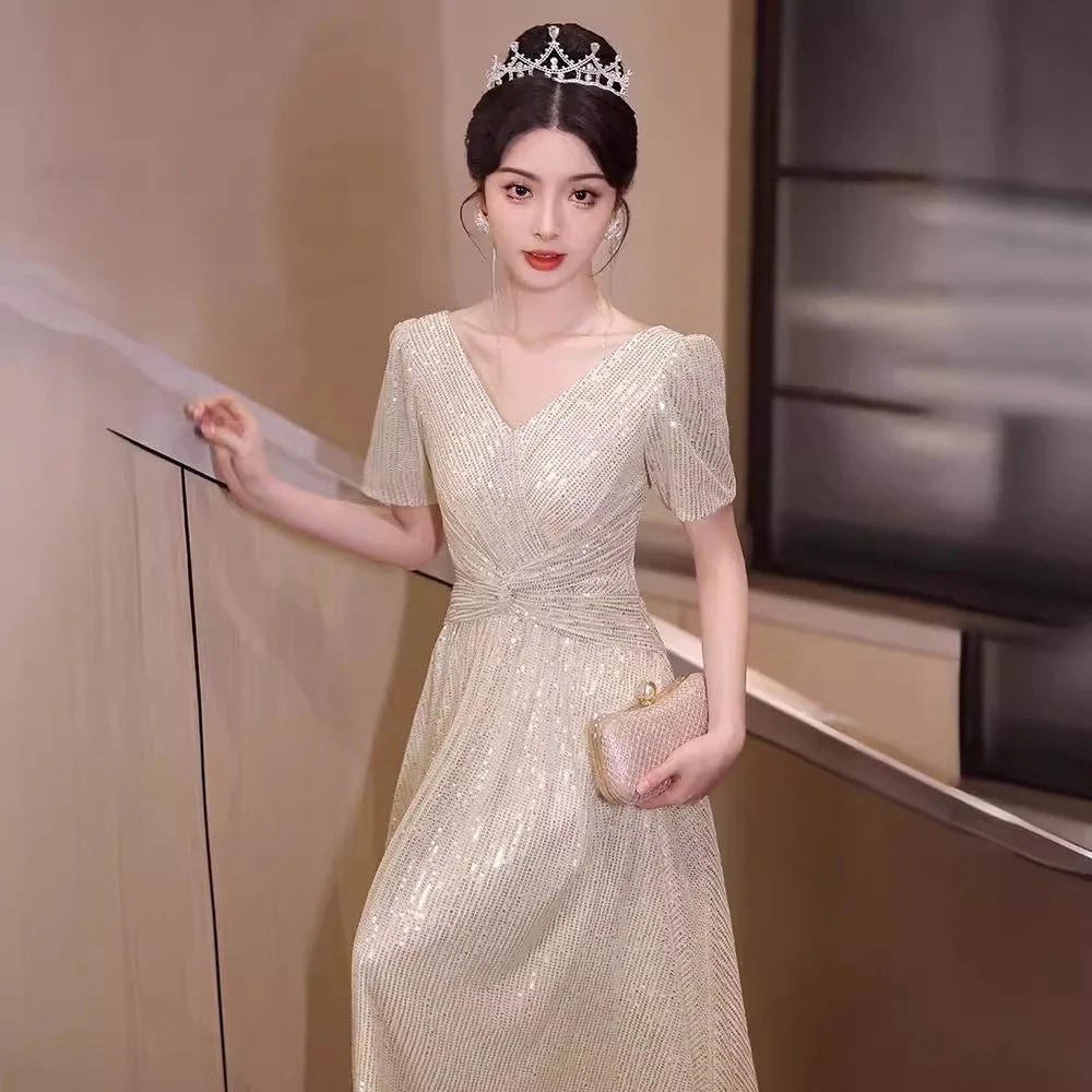 お呼ばれドレス シャンパンカラー イブニングドレス ワンピース 女性 新作 スパンコール ブライズメイド 姉妹団 成人式 学生 ワンピース