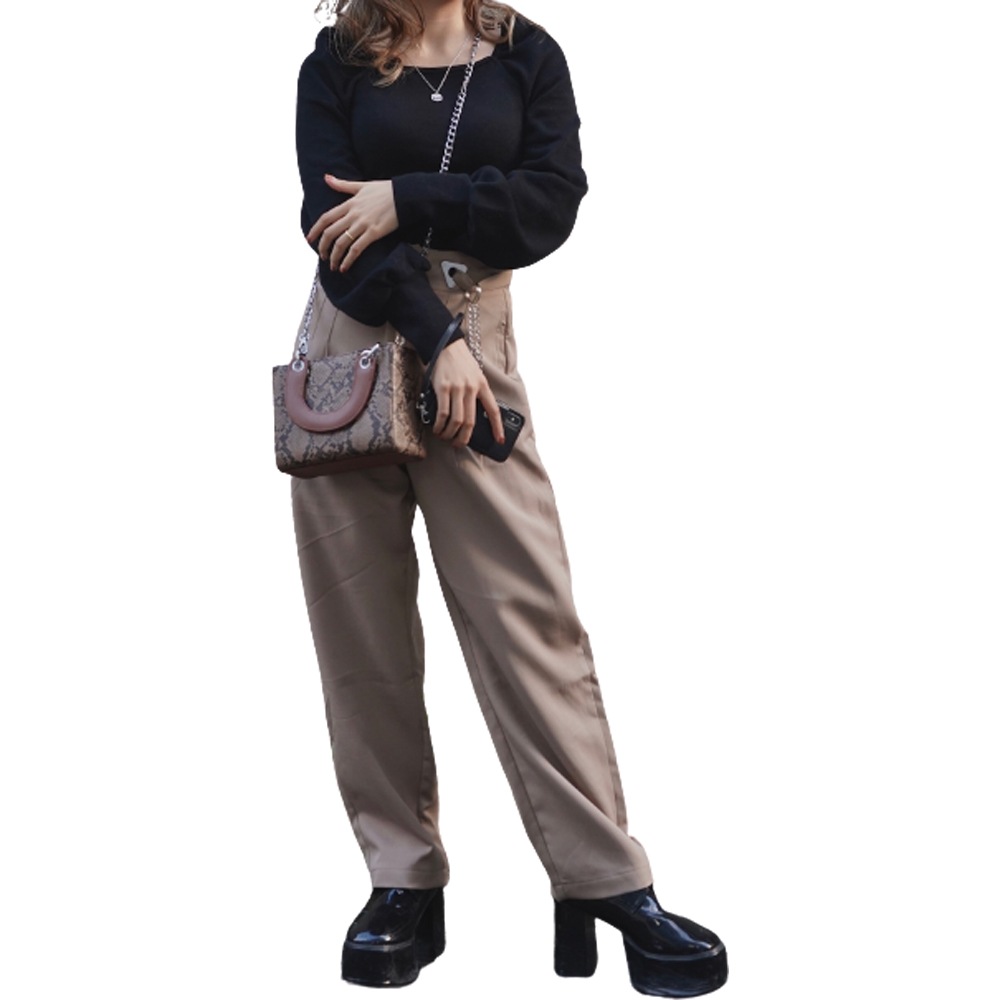 Tuck Tapered Pants with Silver Chain (beige) A,D,G レディース