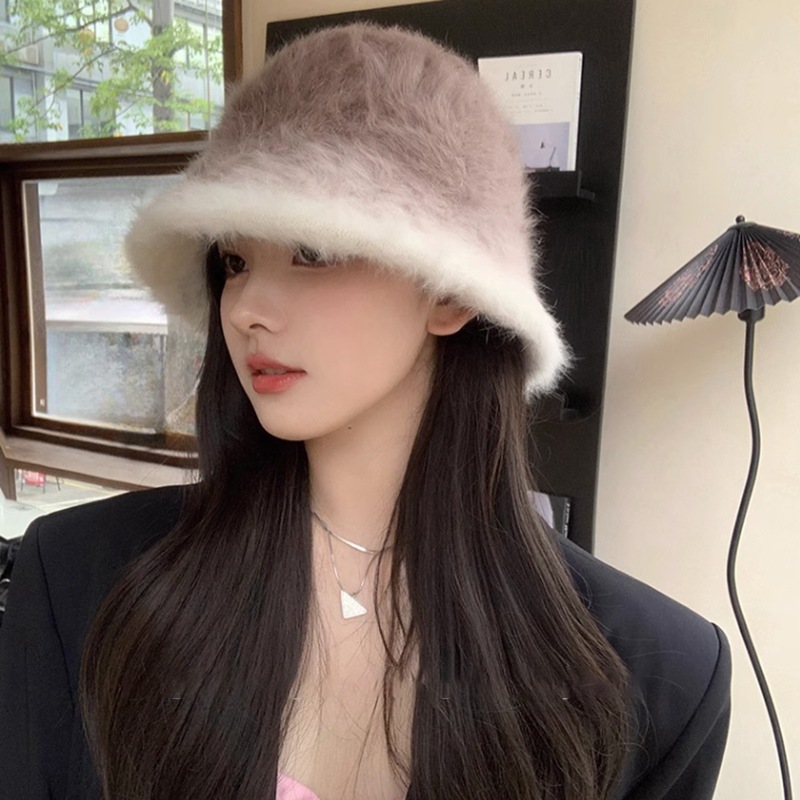 一見厚みがあり冬でも暖かい女性用グラデーションラビットファーバケットハット顔周りをすっきり見せてくれるフィッシャーマンハット万能ぬいぐるみ帽子