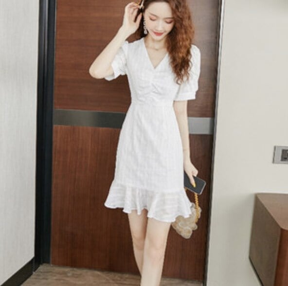 ワンピース レディース ショート 半袖 襟付き 透け感 スリム レース フリル かわいい 大人可愛い きれいめ シンプル 大人 上品 おしゃれ リーフ 夏 イベント リゾート ホワイト ブラック