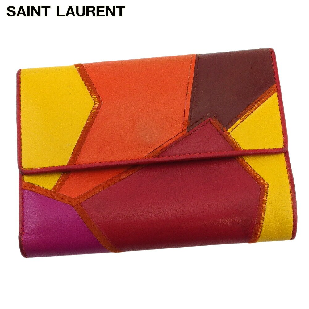 三つ折り 財布 中長財布 ファスナー付き パッチワーク レディース レッド オレンジ イエロー系 中古