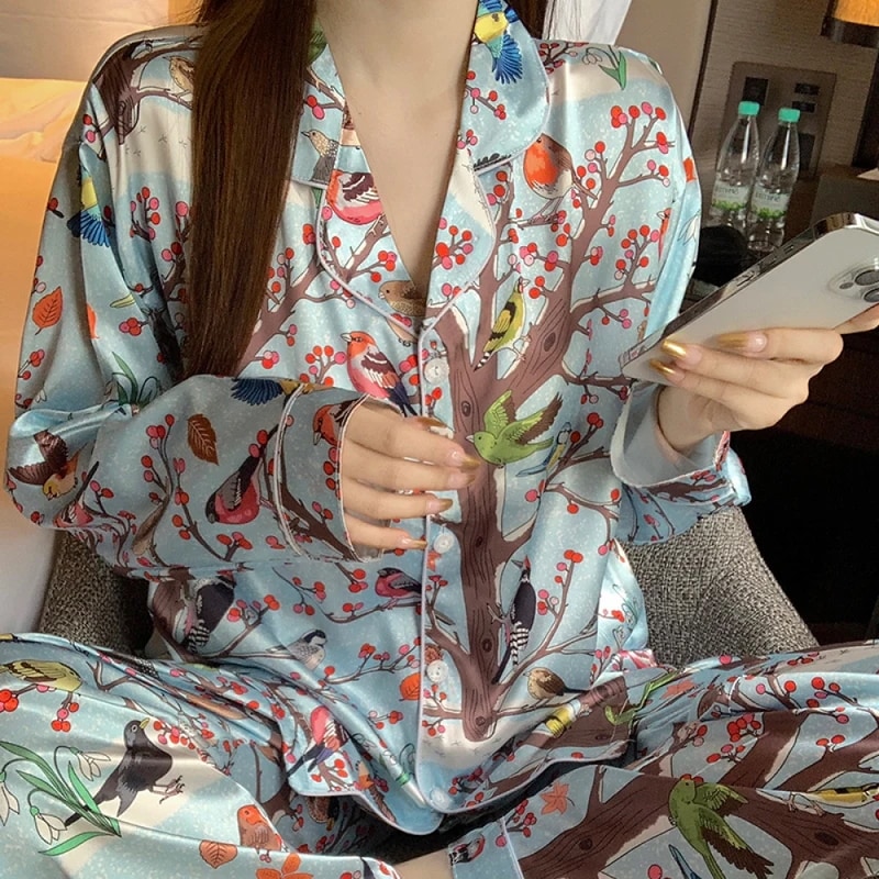 納期3週間程：女性用のシミュレートされたシルクのパジャマ,中国のスタイル,インクペイント,クラシックなパジャマ,ルーズでソフト,春,秋,2022
