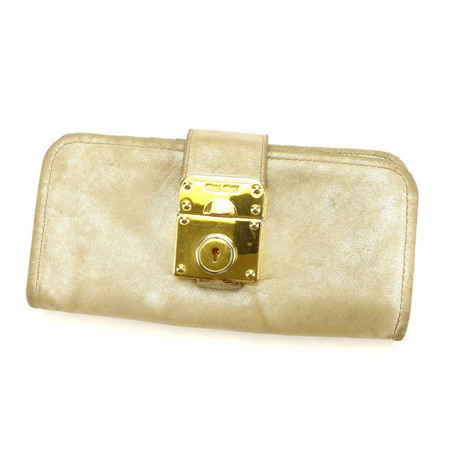 長財布 ファスナー付き長財布 キーロック ベージュ ゴールド 中古