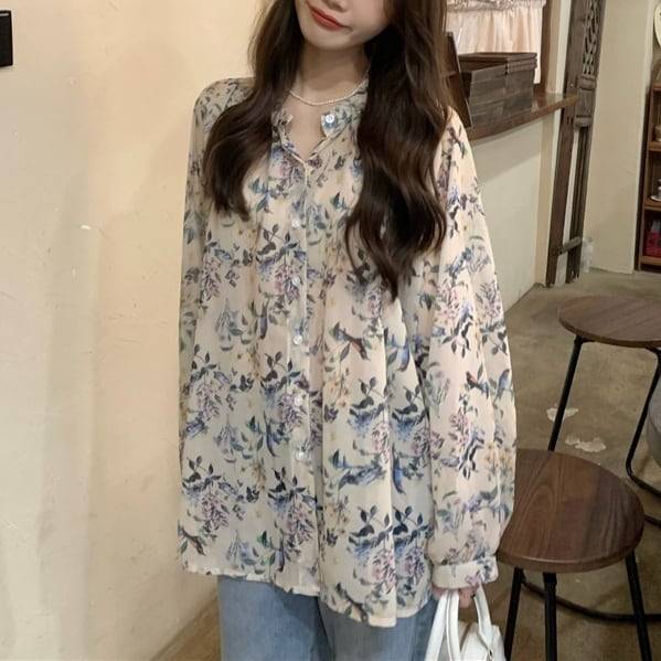 スタンドカラー レディース ボタニカル トップス 袖あり 総柄 ミディアム丈 ギャザー 長袖 花柄 前開き 花柄シフォンブラウス ブラウス 4,596円
