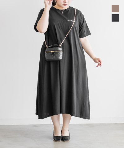 大きいサイズ レディース LL 3L 4L XL XXL XXXL ロゴ刺繍Tシャツワンピース