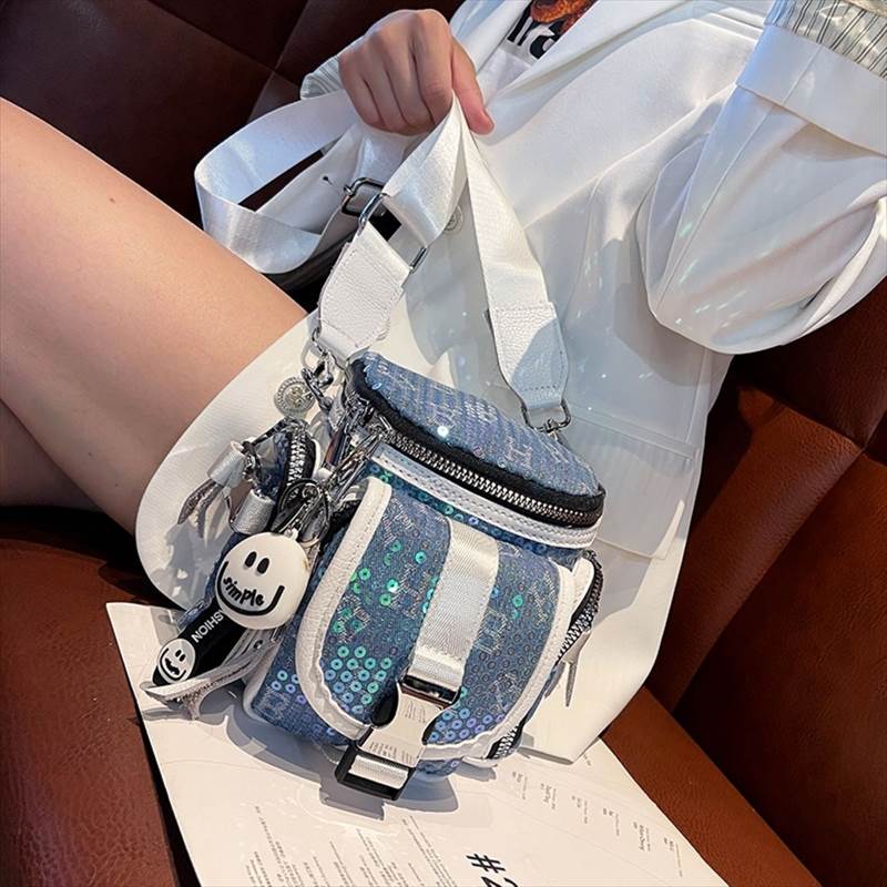 2色 ショルダー ショルダーバック ボックス ボックス型 スパンコール 四角 チャーム インパクト スマイル 柄 プリント 派手 バッグ レディース ジッパー 学生 ライトブルー ブラック 青 黒 水