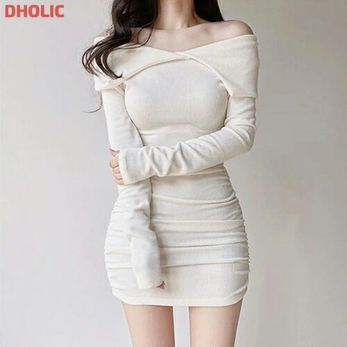 リブオフショルダーシャーリングミニワンピース・1942513