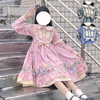 甘いロリータ服 甘ロリ ロリータワンピース 長袖ワンピース 可愛いロリータ服 丸襟 フリル 動物柄