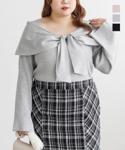 大きいサイズ レディース LL 3L 4L XL XXL XXXL CLETTEオリジナルオフショル風リボンデザインニット