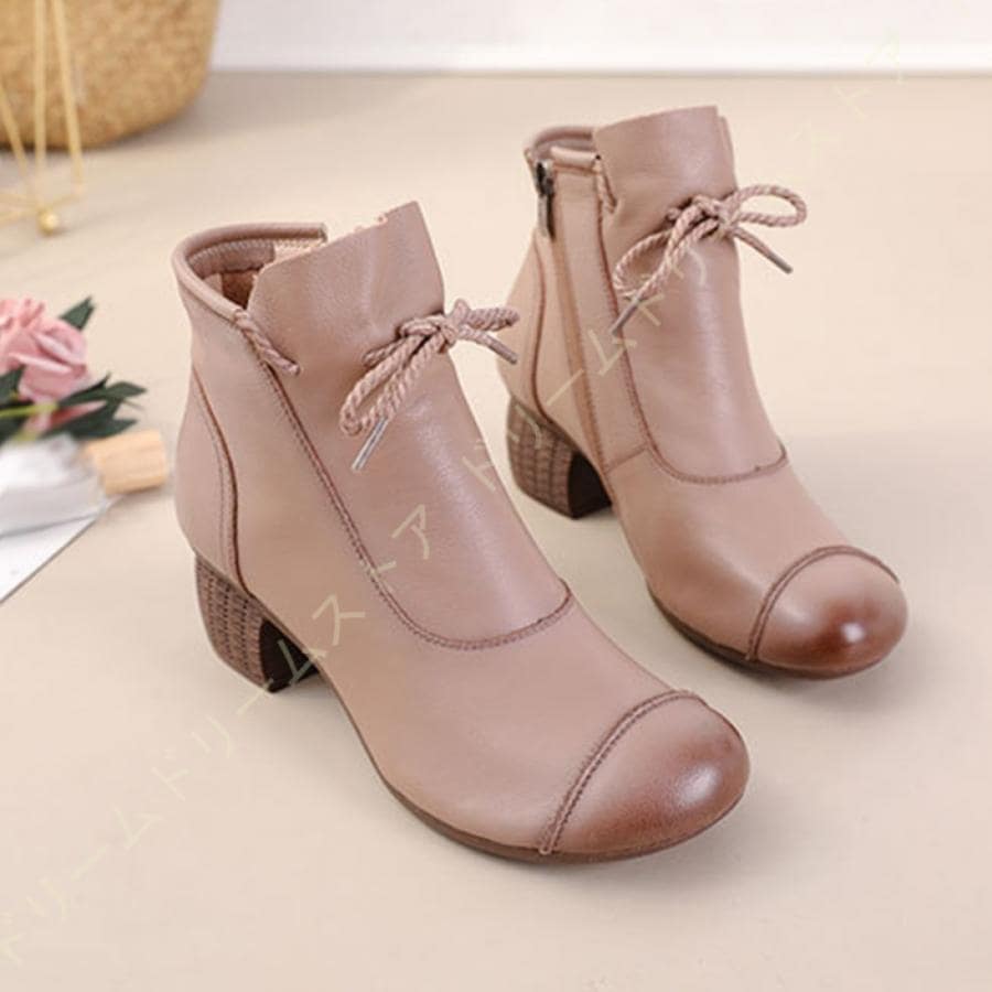 ショートブーツ レディース 歩きやすい ラウンドトゥ 5cmヒールブーツ ブーツ 本革 レディース スクエア ショート ローヒール チャンキーヒール 大きいサイズ