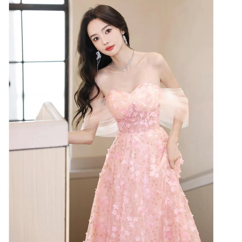 ピンクのイブニングドレス女性ハイエンドニッチ誕生日ブトップスーパーフェアリーガーゼ花びらスカート声楽テスト