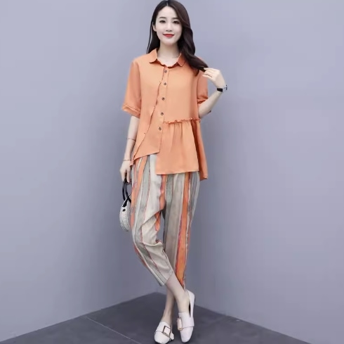 ２点セット セットアップ ブラウス クロップドパンツ ミモレ丈 5分袖 襟付き スタンドカラー 前開き ウエストゴム 大人可愛い きれいめ カジュアル 大人 上品 おしゃれ お洒落 大人女子 こなれ感