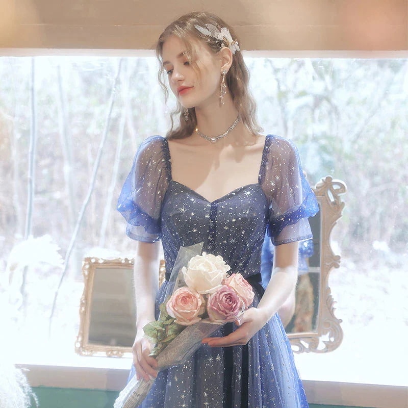 パーティードレス ブルー パフ スリーブ 誕生日 宴会 ステージ パフォーマンス ボーカル アート テスト コーラス ホスト ウェディング ドレス ドレス