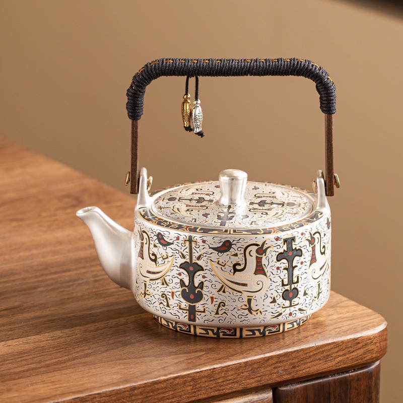 鳳凰と鳥の模様が描かれた999金銀ティーポット軽い高級ティーセットシングルティーポットお土産