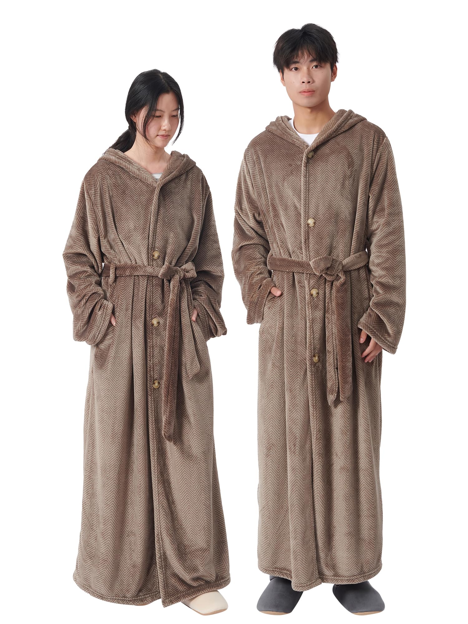 ATOKAZO 着る毛布 ルームウェア Rサイズ 男女兼用 あったか 着るブランケット 部屋着 パジャマ 腰ベルト・ポケット・フード付き ボタン付き フランネル なめらかな肌触り ふわふわ 吸湿発熱