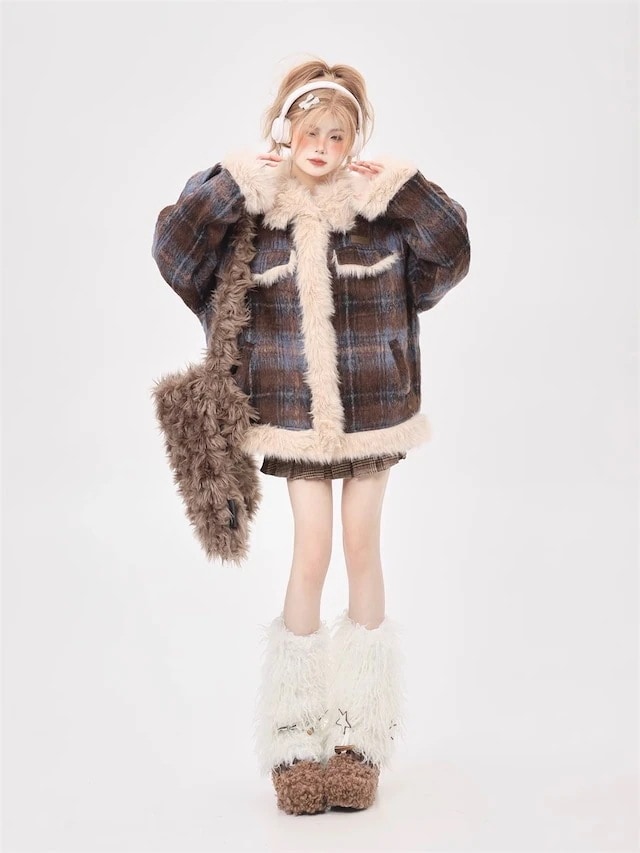 チェック柄ファーリージャケット