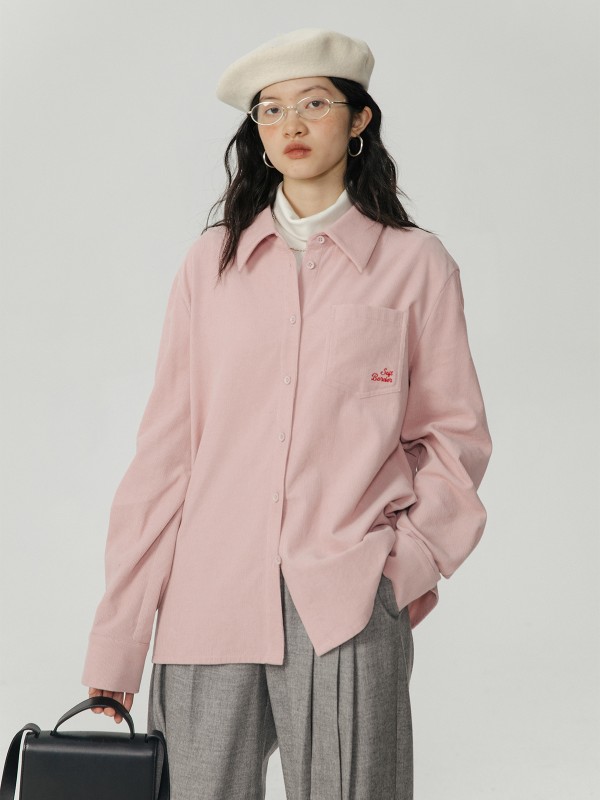 オモントエッグタルト刺繍コーデュロイシャツレディース秋冬2023新型インナー長袖シャツトップス