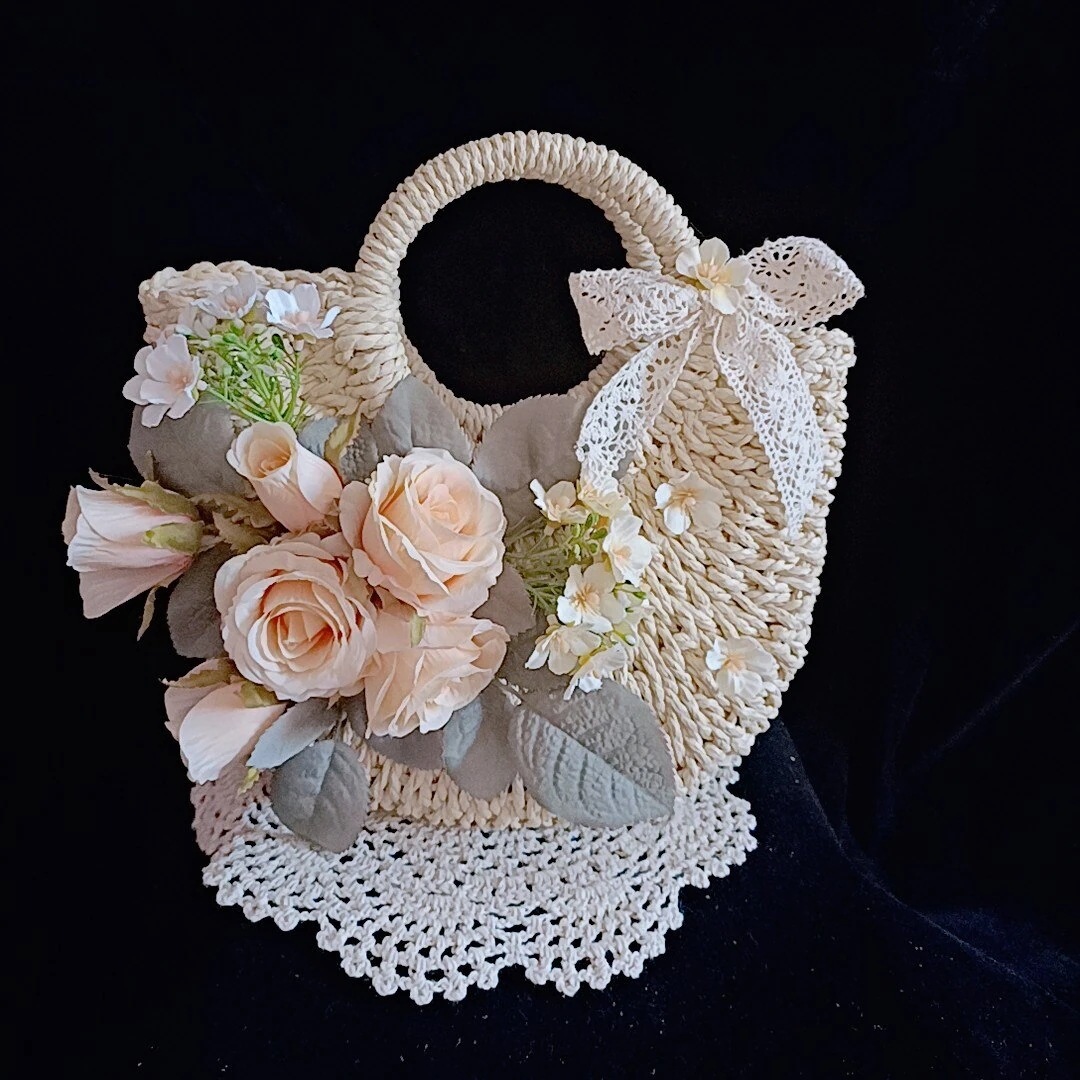 【3日で出荷】ハンドバッグパピルス織りレトロローズlolitaソフトシスター牧歌的な森の女性のビーチバッグ