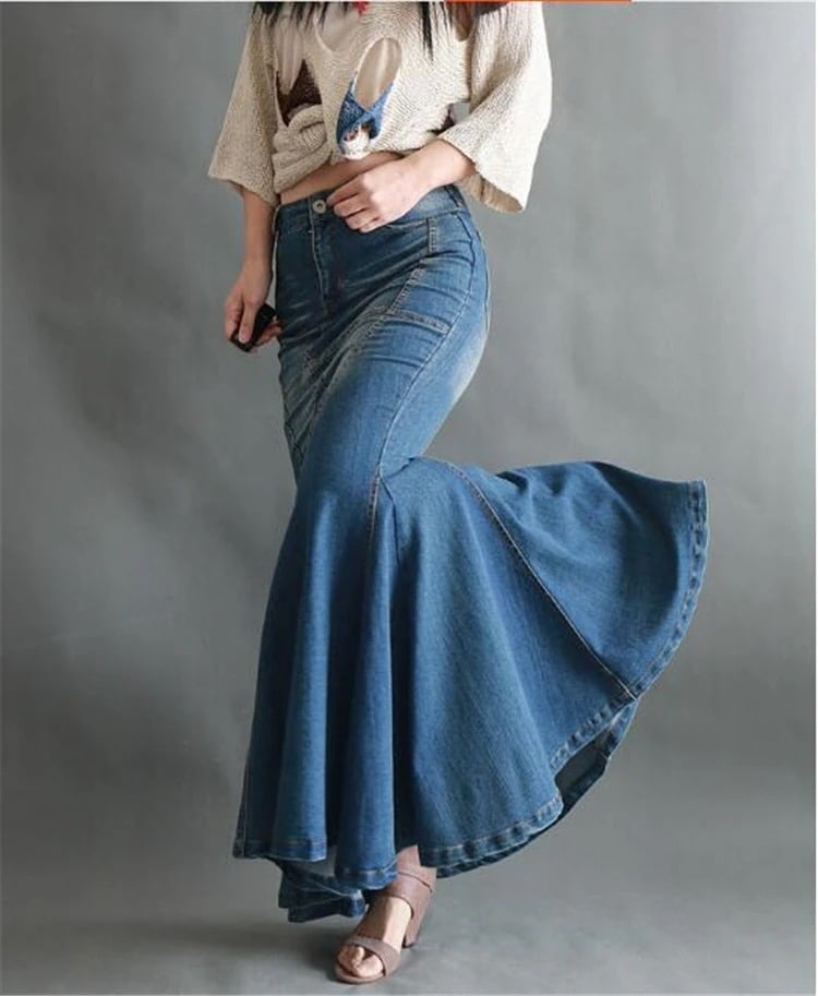 レディース文芸styleデニムスカート L通勤オフィス フォーマル マーメイドライン ロング丈スカー