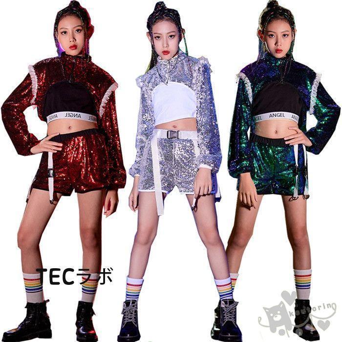 キッズ ダンス衣装 セットアップ インナー シルバー緑 赤 キラキラ 半袖トップス ショートパンツ へそ出し 女の子 舞台服 演出服 K-POP ステージ衣装 練習着