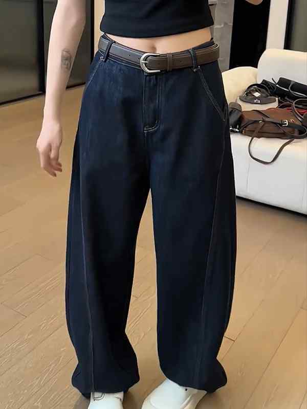 アメリカン ハイウエスト ストレート レッグ ワイド ジーンズ ロング パンツ