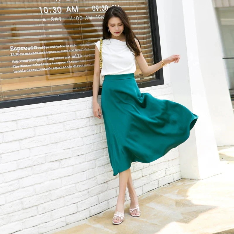 【妃】 夏 シルクスカート アセテートサテン 快適性 ロングスカート ハイウエスト 韓国ファション メガ割