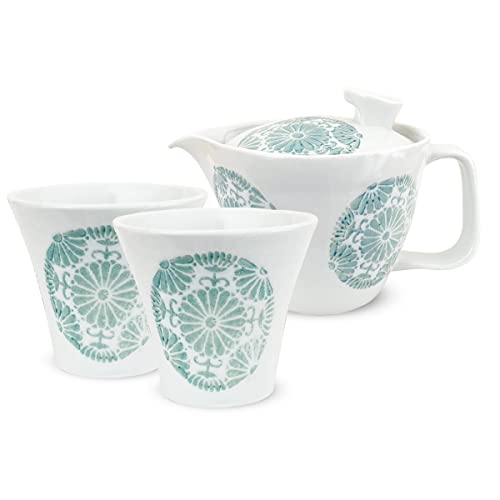 J-kitchens 勲山窯 急須セット 波佐見焼 日本製 (急須 ペア湯呑み おしゃれ 茶器 セット) 240cc 130cc 1人用 ~ 2人用 茶こし付き サークル フラワー ライトブルー