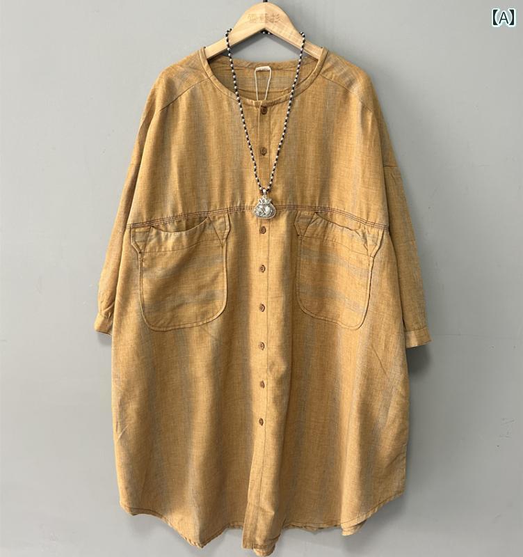 レディース　　シャツ　トップス リネン ラウンド カラー ボタン ダウン ミドル 丈 シャツ レディース 2025 春夏 大きいサイズ レトロ 文学 シンプル 万能