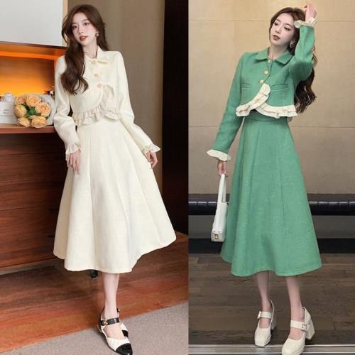 【急速出荷 2025年新作】フレアスカート ジャケット セットアップ 白 黒 緑 韓国 フォーマル きれいめ 上品 レディース 襟付き 秋 冬 長袖 可愛い 上下セット フェミニン ママスーツ ツイー