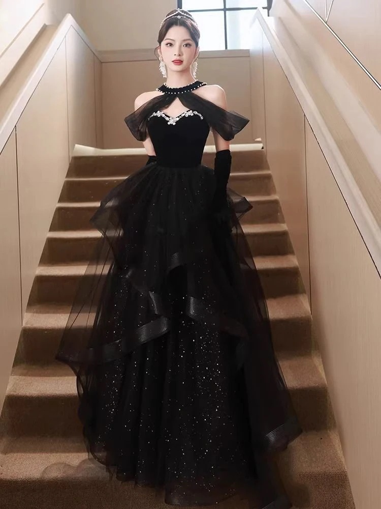 ブラックイブニングドレス宴会ディナーホストアートテストドレス