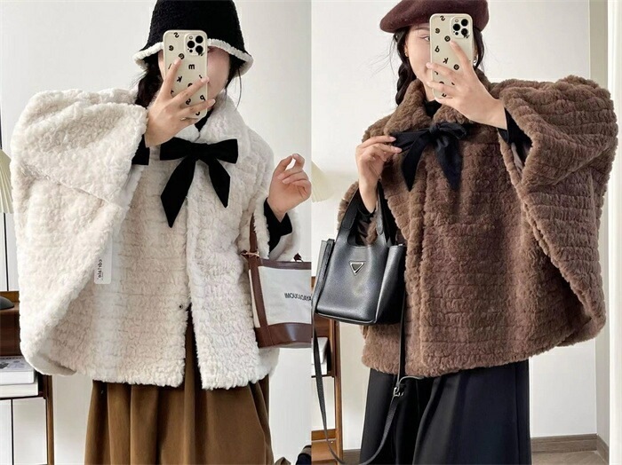 ポンチョコートレディースファー冬ファーコートアウターファージャケットフェイクファージャケットショートケープコートケープカーディガン春冬ドルマン羽織もの春冬防寒おしゃれきれいめ無地大人もこもこリボン上着 4,809円