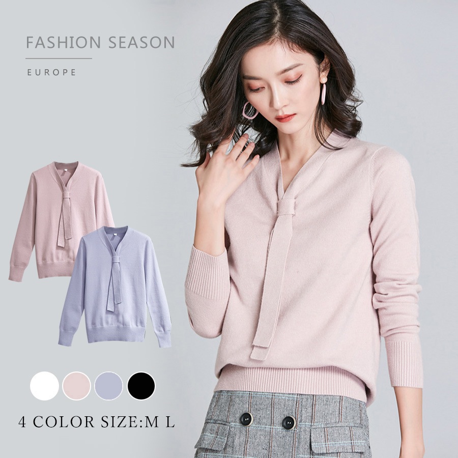 長袖 ニットセーター リブ リボン 秋新作 ボウタイ 無地 ニットトップス トップス 20代 ニット 秋 30代 40代 きれいめ オフィス カジュアル ｖネック