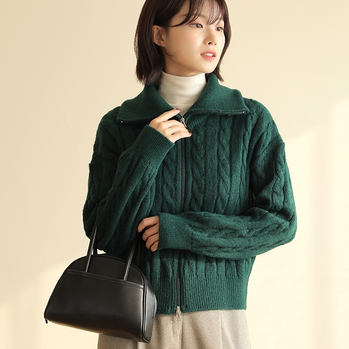 [韓国ファッション] ダブルジップ ケーブル編みニットカーディガン
