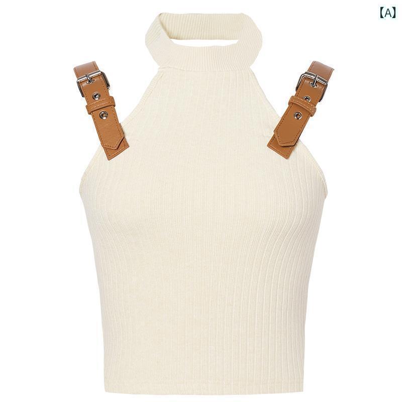 レディース トップス ホルターネック レディース トップス ホルターネック LACRAWFISH 甘くて クールな レザーストラップ バックレス ホルターネック キャミソール トップス レディース