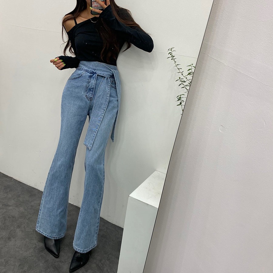 タイ ベルト ハイウエスト ブーツカット デニム パンツ