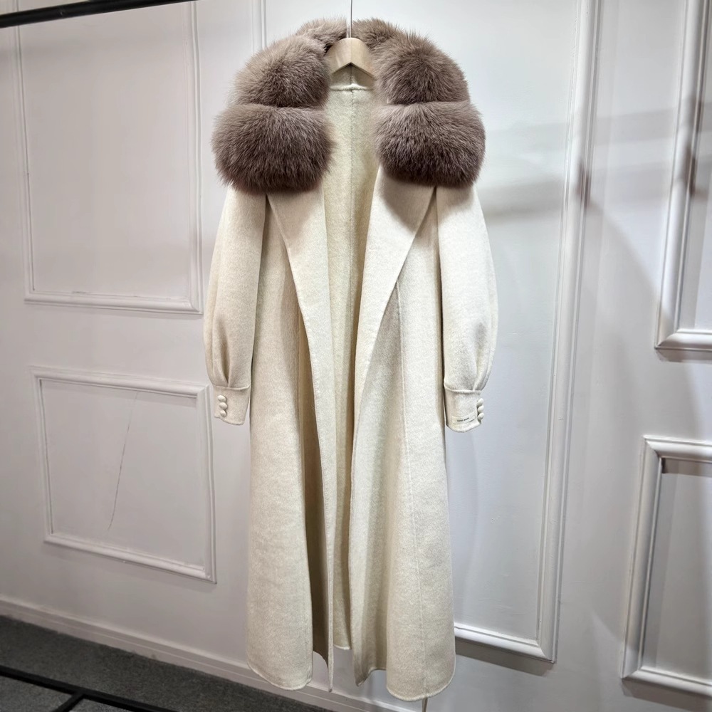 2025東大門新両面カシミヤコートレディースロングフォルトファー襟韓国風スリムウールウールジャケット