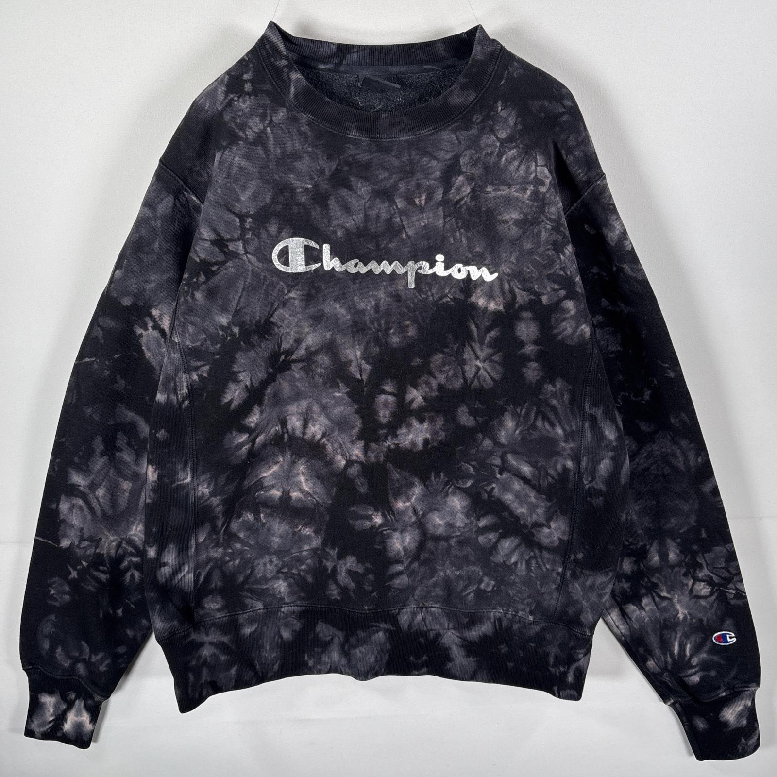 古着 スウェット リバースウィーブ 後染め クルーネック ワッペンロゴ MEDIUM ブラック 総柄 メンズ