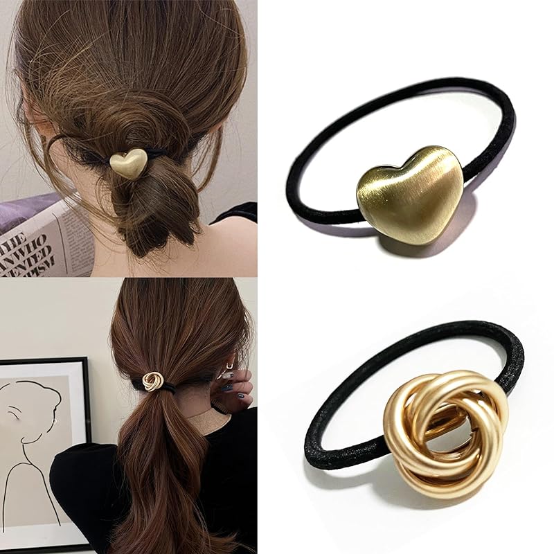 Fuyunohi ヘアゴム おしゃれ 大人 ヘアアクセサリー 黒 飾りつきヘアゴム かわいい 2本セット金属 シンプル 輪ゴム 髪飾り ヘアゴム お団子 おしゃれ 髪ゴム 黒 髪ゴム ファクション 韓