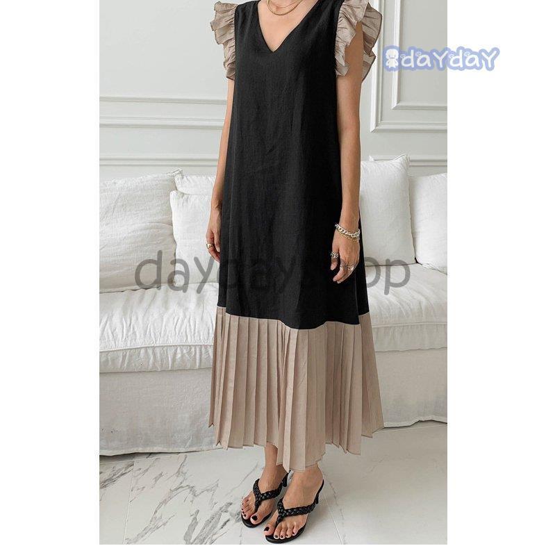 ワンピース デザインワンピ プリーツ フリル 無地 ツートンカラー Ｖネック 大人可愛い ブラック ベージュデート 可愛い ベーシック クラシカル